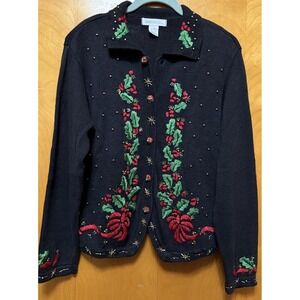 Arriviste Womens Christmas Sweater Cardigan Holly Embroidered Embellished Ugly M